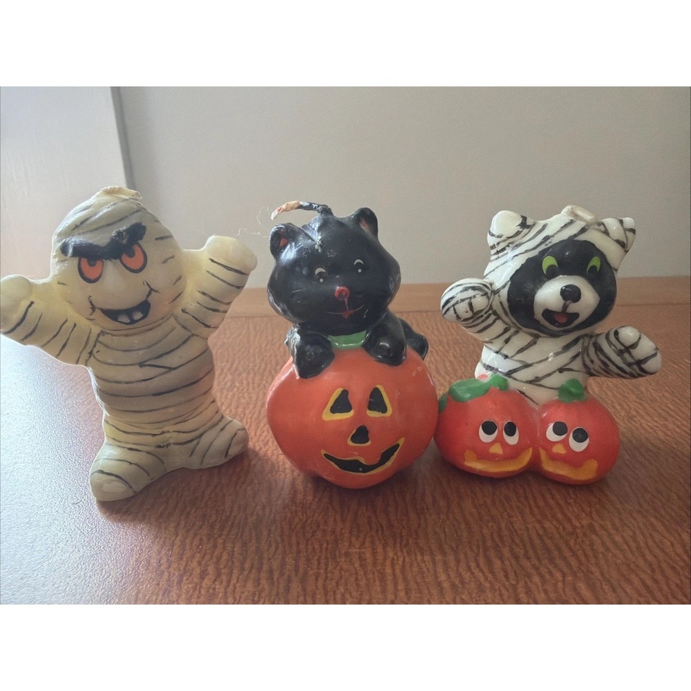 3 Vintage Russ Halloween Miniature Candles Mummy Pumpkin And Cat, Never Burned